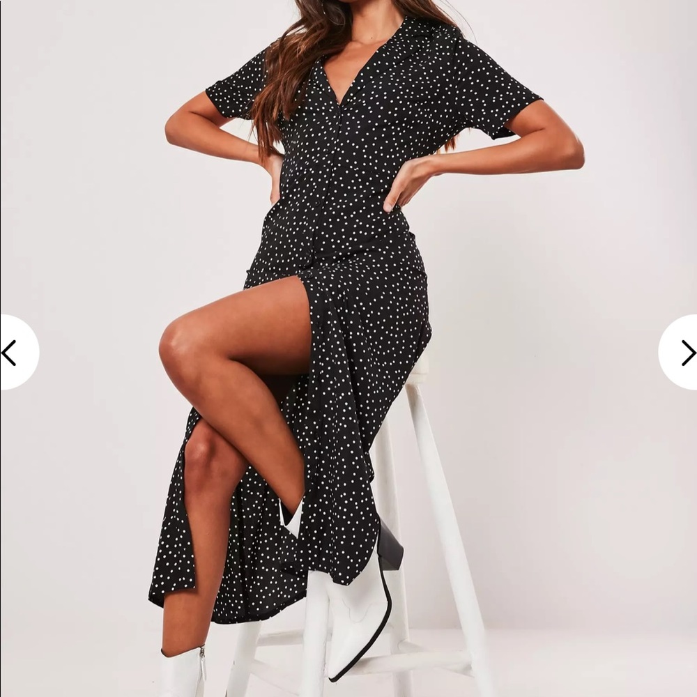 Black polka dot button down midi dress